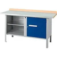 Schäfer Shop Kastenwerkbank PWi 150-1, Buche Multiplexplatte, mit Stahlabdeckung, bis 750 kg, B 1500 x T 700 x H 840 mm, Enzianblau