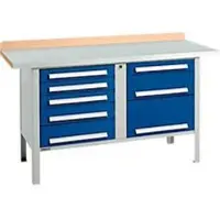 Schäfer Shop Kastenwerkbank PWi 150-8, Buche Multiplexplatte, mit Stahlabdeckung, bis 750 kg, B 1500 x T 700 x H 840 mm, Enzianblau
