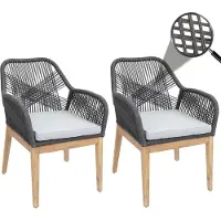 Mendler 2er-Set Gartenstuhl MCW-H56b, Sessel Outdoor, wetterfest Seilgeflecht Rope Holz Akazie dunkelgrau Kissen hellgrau