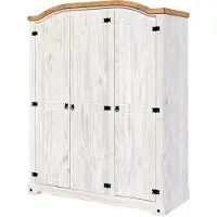 Möbilia Kleiderschrank | mit 3 Türen | Kiefer-Holz massiv | weiß lackiert, honigfarbige Deckplatte | B 150 x T 56 x H 188 cm | 19020046 | Serie SCHRANK