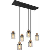 Globo Hängeleuchte Metall schwarz matt, Holz dunkelbraun, Glas rauchfarben, Kabel PVC schwarz, Höhe kürzbar, LxBxH: 620x180x1200mm, exkl. 6x E27 15W 230V