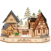 Konstsmide LED Holzsilhouette, naturfarben, Dorf mit Schneemann, Kind