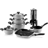 Karl Krueger Karl Krüger 17/GR Aluguss-Set 17-teilig - antihaft-versiegeltes Topf- und Pfannenset mit Küchenhelfer - grau