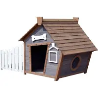 Dobar Outdoor-Hundehütte mit Spitzdach und seitlicher Veranda Comic-Design,Holz, 146,3 x 90 x 96 cm