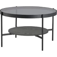 ByLiving Couchtisch OHIO / Tischplatte Rauchglas grau / Ablageboden MDF Echtholzfurnier schwarz / Gestell Metall schwarz / D 73,5, H 42,5 cm
