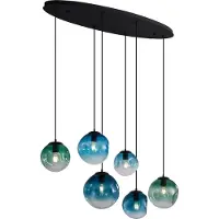 QAZQA - Art Deco Art-Deco-Hängeleuchte schwarz mit ovaler Deckenplatte und grünem und blauem Glas 6-flammig - Douglass I Wohnzimmer I Schlafzimmer - Länglich I Kugel I Kugelförmig I Oval - LED geeigne