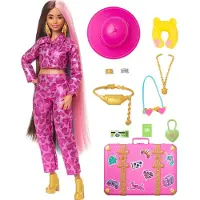 Barbie Reise -Puppe mit Safari-Outfit, Extra Fly, pinkes Outfit mit Tiermuster und pinkem Koffer