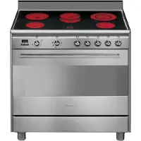 Smeg SCD 91 CMX 9 Elektroherd, Edelstahldekor, 115 l Volumen, 90 cm Breite, , Ober-/Unterhitze + Umluft, 5 Kochfelder, Hitzeschutz-TÃ1/4r, Selbstreinigungsfunktion, Display, integrierte Uhr