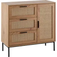 Wohnling Kommode 80x82x36 cm Flurkommode Eiche-Nachbildung & Rattan Sideboard mit drei Schubladen und Tür Kommodenschrank Modern Standschrank Anrichte