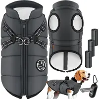 LOVPET Hundejacke Hundemantel mit Geschirr, inkl. 45 Stück Kotbeutel + Spender, Hunde Winterweste gefüttert wasserdicht, Gepolsterte Weste Mit Brustgurt, Reflektoren , Anthrazit, 5XL