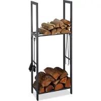 Relaxdays Kaminholzregal mit 2 Ablagen, aus Stahl, 4 Haken für Kaminbesteck, Brennholzregal HBT 150x60x30 cm, anthrazit