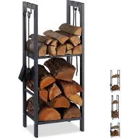 Relaxdays Kaminholzregal mit 2 Ablagen, aus Stahl, 4 Haken für Kaminbesteck, Brennholzregal HBT 100x40x30 cm, anthrazit