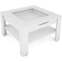 ByLiving Couchtisch RALPH / moderner Sofatisch mit Glaseinlage und großzügiger Schublade in Weiß / Beistelltisch mit viel Stauraum / B 67, H 43, T 67 cm