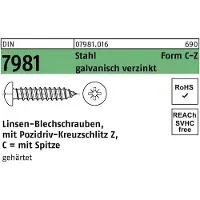 Industrial Quality Supplies Blechschraube DIN 7981 LIKO m.Kreuzschlitz-PZ 6,3x 45 -C-Z Stahl galvanisch verzinkt m.Spitze
