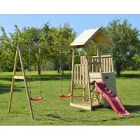 Wendi Toys Holz Spielturm Flamingo mit Rutsche, Kletterwand, 2 Schaukeln & Picknicktisch Natur 280x340x270 cm