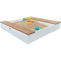 Axi Evy Sandkasten aus FSC Holz mit Sitzbank, Stauraum & Behältern für z.B. Wasser | Sandkasten in Weiß & Braun inklusive Bodenplane & Abdeckplane | 119 x 117 cm