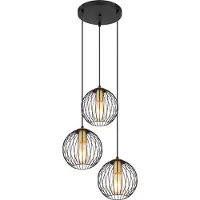 Globo Hängeleuchte Metall schwarz, messingfarben, Metall schwarz, Kabel Textil schwarz, Höhe kürzbar, ø: 390mm, H: 1500mm, exkl. 3x E27 60W 230V