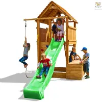 Fungoo Spielturm "Fortress Toybox" teak mit Rutsche, Toybox, Holzdach, Leiter, Steuerrad, Kletterwand