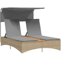 The Living Store Doppel-Sonnenliege mit Dach und Auflagen Beige Poly Rattan