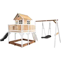 Axi Spielhaus Liam mit Sandkasten, Nestschaukel & grauer Rutsche | Stelzenhaus XXL in Braun & Weiß aus FSC Holz für Kinder | Spielturm mit Wellenrutsche für den Garten