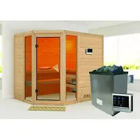 Karibu Sauna Innensauna Sinai 3 Eckeinstieg Ofen 9 KW externe Strg easy 236x184x208 cm ohne Dachkranz