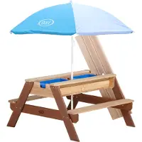 Axi Nick Kinder Sand & Wasser Picknicktisch aus Holz | Wasserspieltisch & Sandtisch mit Deckel und Behältern | Kindertisch / Matschtisch in Braun mit Sonnenschirm für den Garten
