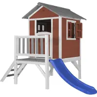 Axi Spielhaus Beach Lodge XL in Rot mit Rutsche in Blau | Stelzenhaus aus Holz für Kinder | Kleiner Spielturm für den Garten