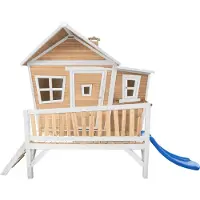 Axi Spielhaus Emma mit blauer Rutsche | Stelzenhaus in Braun & Weiß aus Holz für Kinder | Spielturm für den Garten
