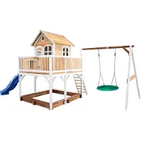 Axi Spielhaus Liam mit Sandkasten, Nestschaukel & blauer Rutsche | Stelzenhaus XXL in Braun & Weiß aus FSC Holz für Kinder | Spielturm mit Wellenrutsche & Schaukel für den Garten