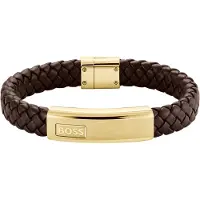 BOSS Braunes Armband aus geflochtenem Leder mit goldfarbener Logo-Plakette Grösse M