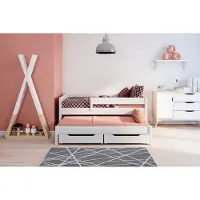 Lukdom Ausziehbett Felix 200x90 Kinderbett mit Rausfallschutz & Lattenrost weiß 90 x 200 für Mädchen und Jungen Massivholz Kiefer, mit Schubladen