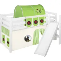 LiLokids Spielbett JELLE 90 x 200 cm Dragons Grün - Hochbett - Weiß - mit schräger Rutsche und Vorhang