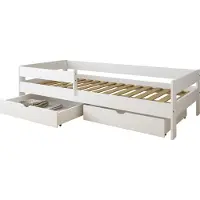 Kiki design Kinderbett Pino 200x90 Kinderbett mit Rausfallschutz & Lattenrost weiß für Mädchen und Jungen ohne Matratze, mit Schublade