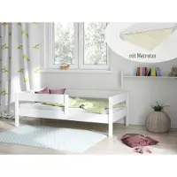 Lukdom Kinderbett Lina 140x70 Kinderbett mit Rausfallschutz & Lattenrost weiß 70 x 140 für Mädchen und Jungen Massivholz Kiefer, mit Matratzen, ohne Schubladen