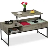 Relaxdays Couchtisch aufklappbar, HBT: 45x110x50 cm, Seitenfach, Wohnzimmertisch mit Stauraum, Holzoptik & Metall, grau