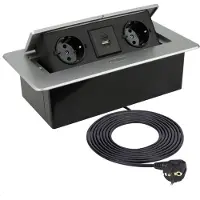 TecLines TES010S 2-fach Einbausteckdose mit 2x USB-A, 1,5m Kabel, silber