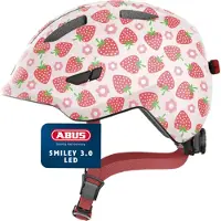ABUS Kinderhelm Smiley 3.0 LED - Fahrradhelm mit Licht - tiefe Passform & Platz für einen Zopf - für Mädchen und Jungs - Rosa mit Erdbeer-Muster, Größe M (50-55 cm)