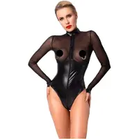 Noir - Glänzender Body mit transparentem Einsatz (Schwarz) - XL