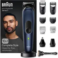 Braun 10-in-1 Styling-Set 7 MGK7410 Bart, Körper, Haar. Mit Metallklinge, 100 Min. Akkulaufzeit, Aufbewahrungsbeutel, in Blau, Schwarz, Metall, Kunststoff, Rechteck, 1 mm, 2,1 cm, Universal