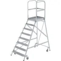 Munk Podesttreppe, 8 Stufen, einseitig begehbar, Rechteckrohr-Holme, Plattform B 600 x T 800 mm, Handlauf, 3-seitiges Geländer, max. 150 kg