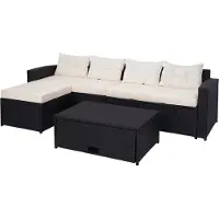 Mendler Poly-Rattan Garnitur MCW-J34, Balkon-/Garten-/Lounge-Set Sitzgruppe Sofa, Staufach schwarz, Kissen creme-beige