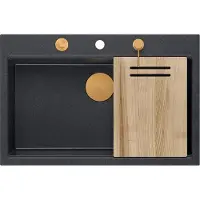Quadron Spülbecken 1-Becken Spüle | Größe: 76 x 50 x 23,5 cm | MARC 110 | Granitspüle aus GraniteQ mit Siphon + Spender + Platte | Schwarz/Kupfer