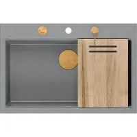 Quadron Spülbecken 1-Becken Spüle | Größe: 76 x 50 x 23,5 cm | MARC 110 | Granitspüle aus GraniteQ mit Siphon + Spender + Platte | Grau/Kupfer