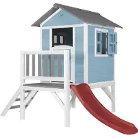Axi Spielhaus Beach Lodge XL in Blau mit Rutsche in Rot | Stelzenhaus aus FSC Holz für Kinder | Kleiner Spielturm für den Garten