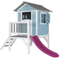 Axi Spielhaus Beach Lodge XL in Blau mit Rutsche in Lila | Stelzenhaus aus FSC Holz für Kinder | Kleiner Spielturm für den Garten