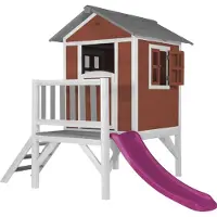 Axi Spielhaus Beach Lodge XL in Rot mit Rutsche in Lila | Stelzenhaus aus FSC Holz für Kinder | Kleiner Spielturm für den Garten