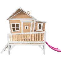 Axi Spielhaus Emma mit lila Rutsche | Stelzenhaus in Braun & Weiß aus FSC Holz für Kinder | Spielturm für den Garten
