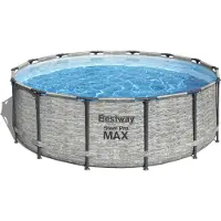 Bestway Steel Pro MAX Aufstellpool Komplett-Set mit Filterpumpe Ø 427 x 122 cm, Steinwand-Optik (Cremegrau), rund