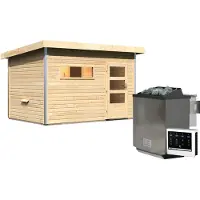 Karibu Saunahaus Außensauna Gartensauna Skrollan 2 unbehandelt Ofen 9 kW externe Strg easy 38mm Massivholz 336x231x227 cm mit Moderne Tür