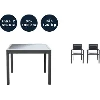 HOME DELUXE - Gartentisch ausziehbar - VERANO - ca. 90 (180) x 90 x 75 cm - inkl. 2 Stühlen, Gestell Aluminium, Tischplatte Glas,inkl. Zubehör I Gartenmöbel Ausziehtisch Balkonset